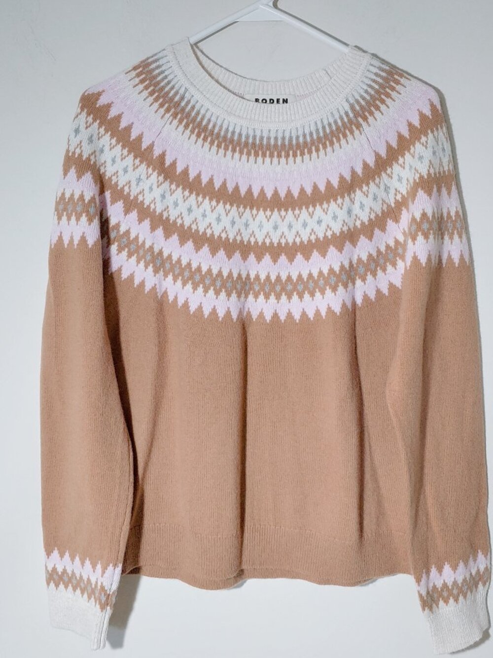 Boden Edie Fair Isle Alpaca Wool Blend Knit Sweater in Camel Melange Tan Size L